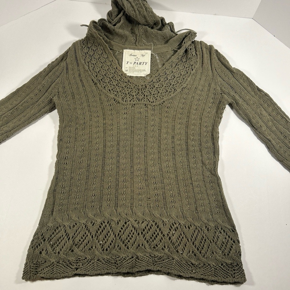 T-PARTY Sweater Womens Size M Hunter Green Hooded V Neck‎ 3/4 Sleeve Open Knit